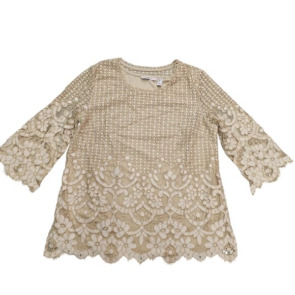 Isaac Mizrahi Live Womens Floral Lace Top Bell Sleeves Size M - Picture 1 of 11